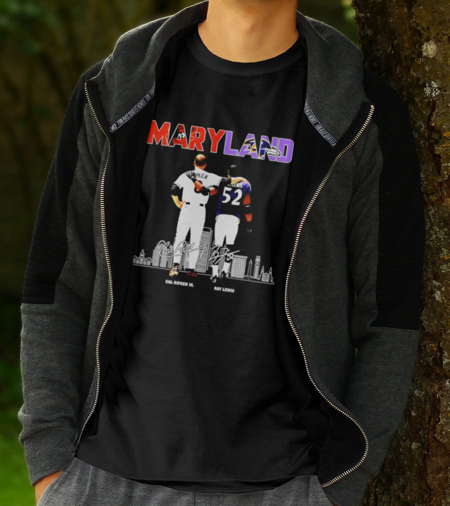 Maryland Cal Ripken Jr 8 Baltimore Orioles Ray Lewis 52 Baltimore Ravens Skyline T-Shirt