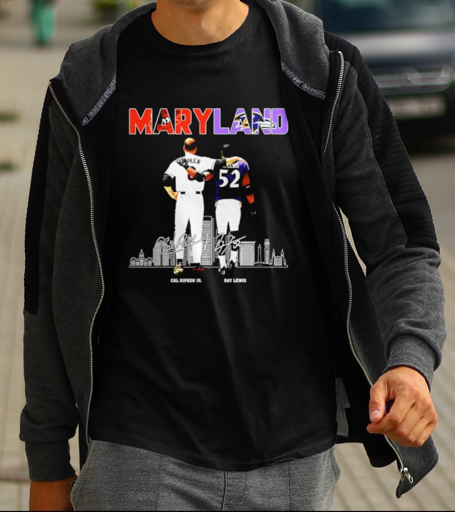 Maryland Cal Ripken Jr 8 Baltimore Orioles Ray Lewis 52 Baltimore Ravens Skyline T-Shirt