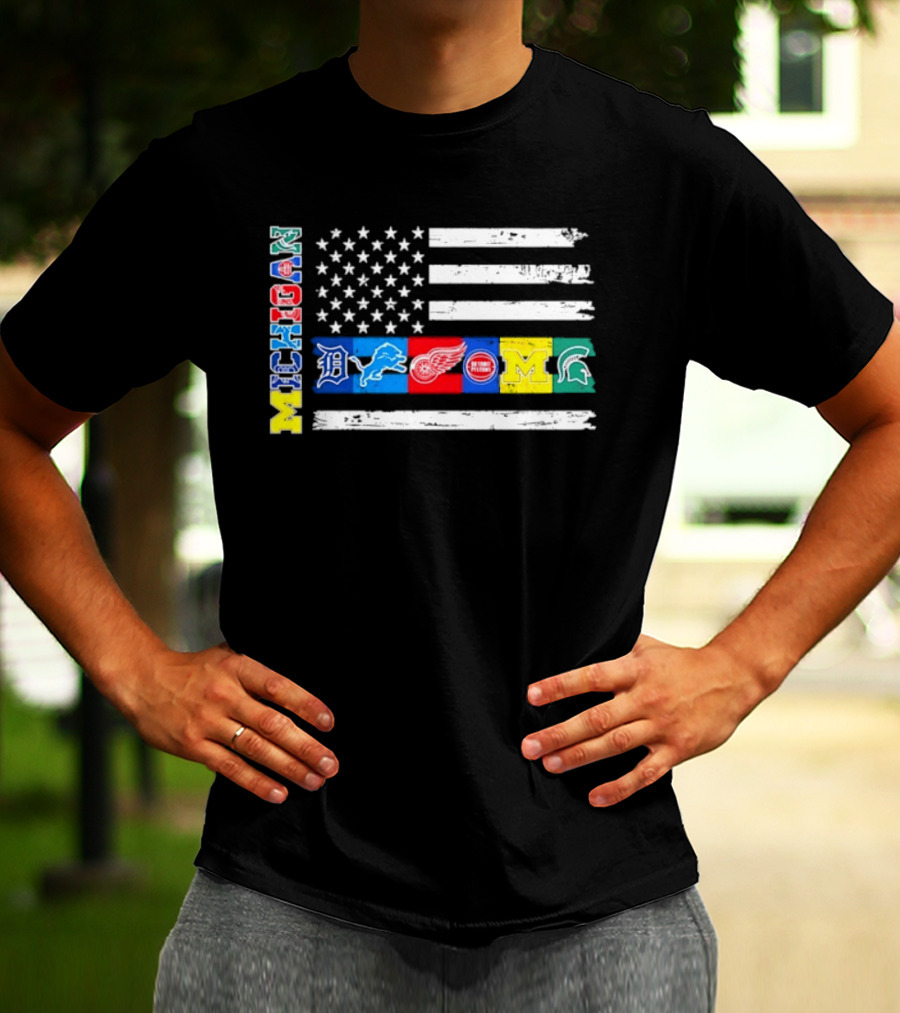 Michigan Detroit Tigers Lions Red Wings Pistons Wolverines Spartans Flag Sports Team Pride T-Shirt