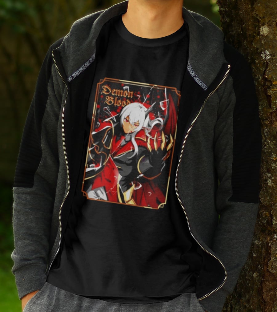 Demon Blood Anime Fantasy Dark Character Design With White Hair And Red Accents T-Shirt