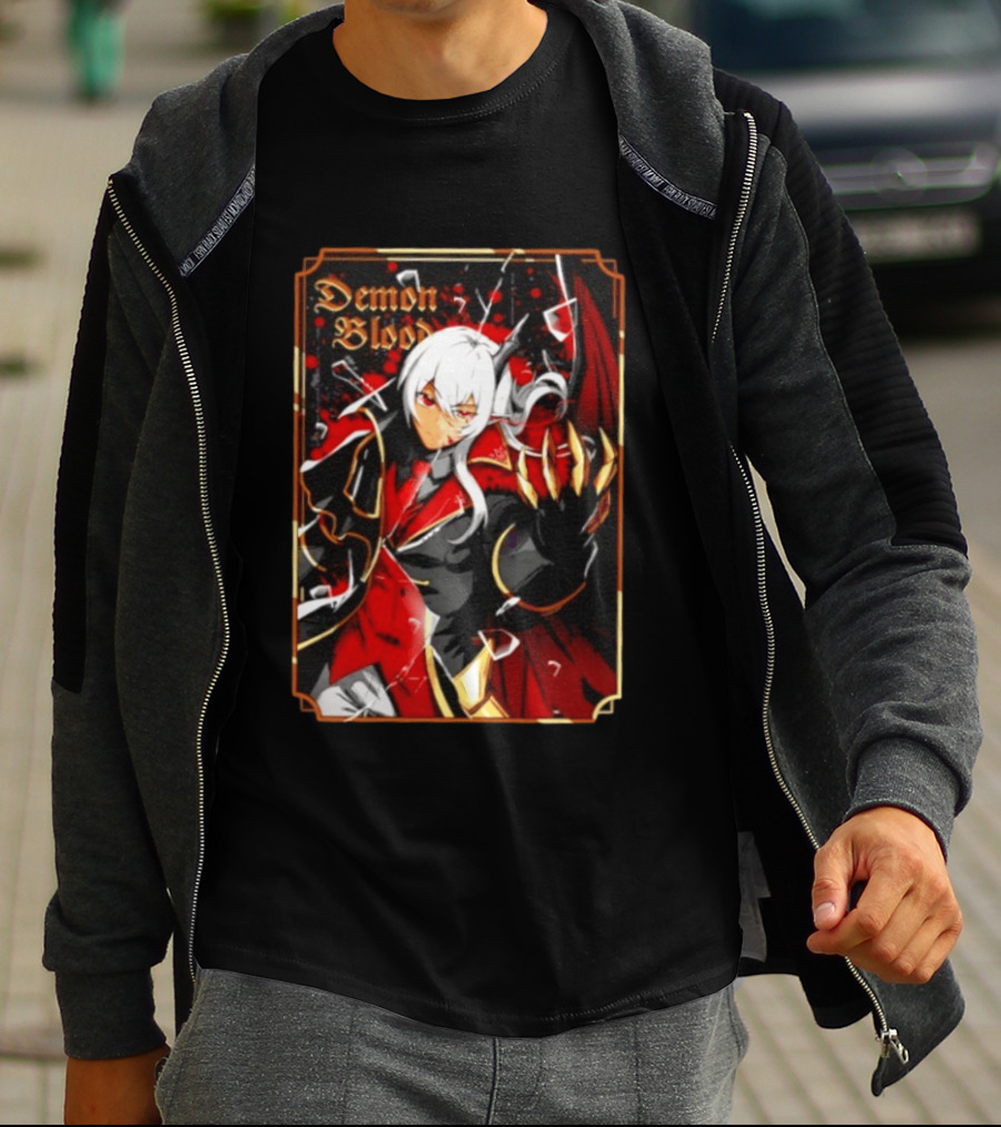 Demon Blood Anime Fantasy Dark Character Design With White Hair And Red Accents T-Shirt