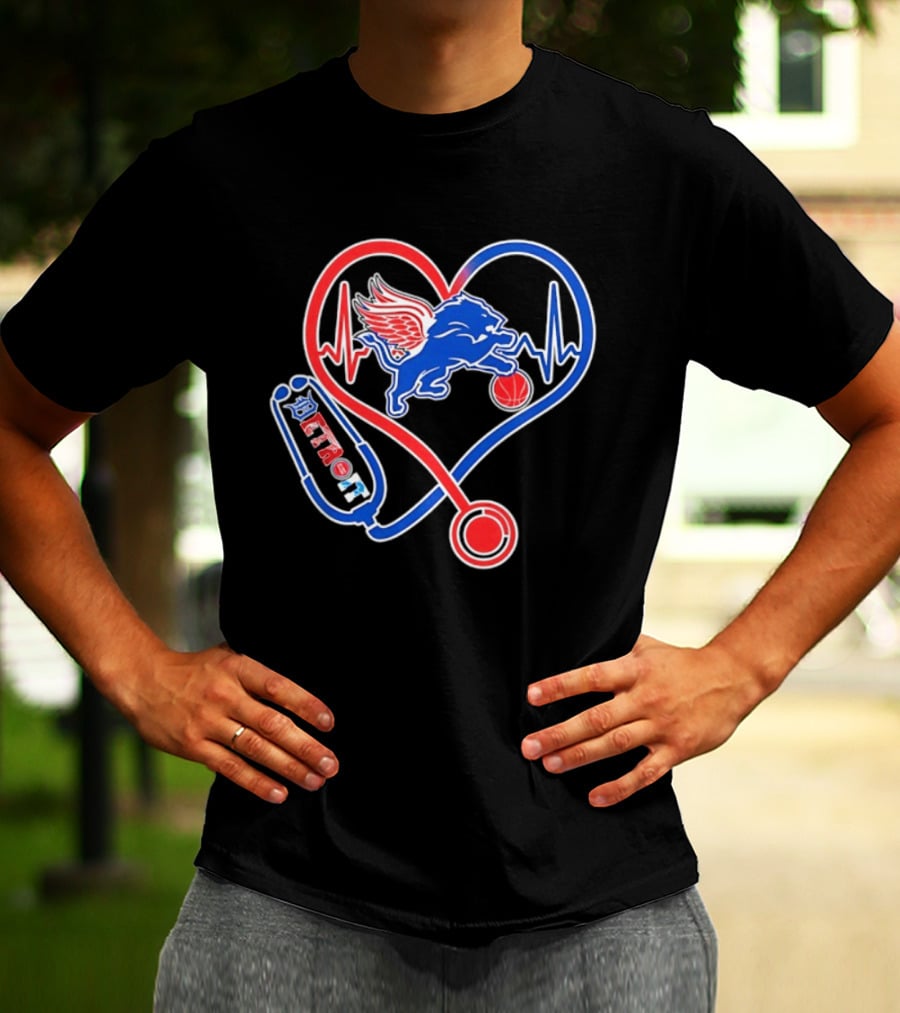 Detroit Heartbeat Stethoscope Lion Playing Basketball T-Shirt