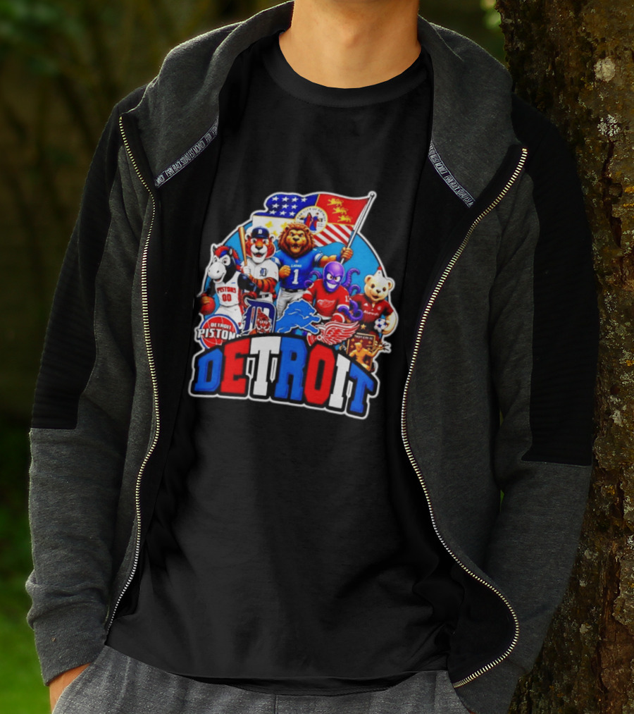 Detroit Lions Tigers Pistons Red Wings Mascots With Flag T-Shirt