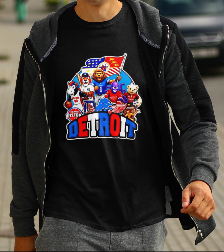 Detroit Lions Tigers Pistons Red Wings Mascots With Flag T-Shirt