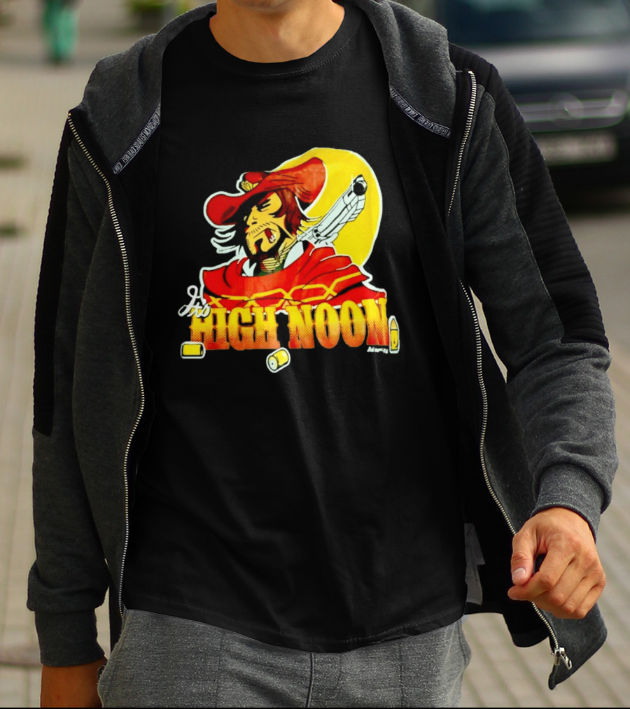 It's High Noon Cowboy With Red Cape And Pistol In Front Of Yellow Sun T-Shirt