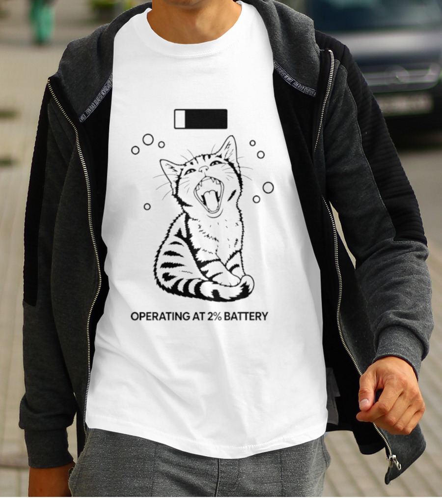 Tired Kitten Yawning Operating At 2% Battery T-Shirt
