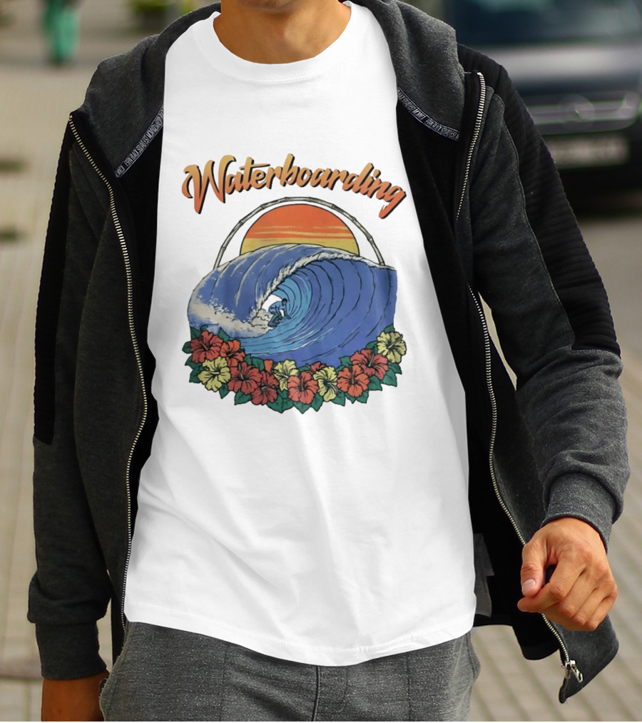 Waterboarding Surfing Tropical Hibiscus Flower Sunset Wave T-Shirt