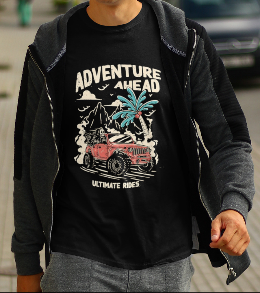 Adventure Ahead Ultimate Rides Jeep Beach Palm Trees Mountain T-Shirt
