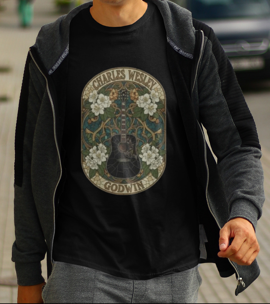 Charles Wesley Godwin Guitar Floral Art Nouveau Style With White Flowers T-Shirt