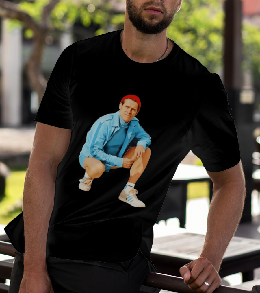 Klaus Willem Dafoe Retro Style With Red Beanie And Blue Tracksuit T-Shirt