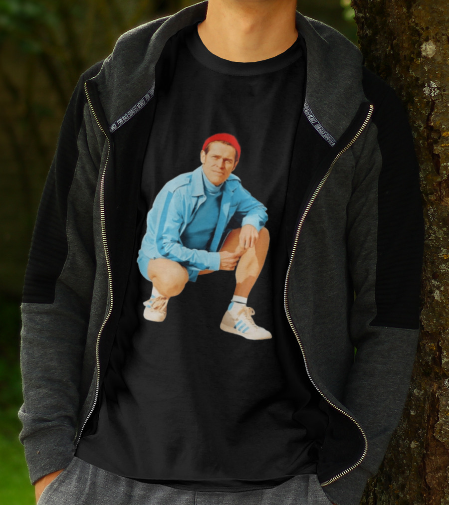Klaus Willem Dafoe Retro Style With Red Beanie And Blue Tracksuit T-Shirt