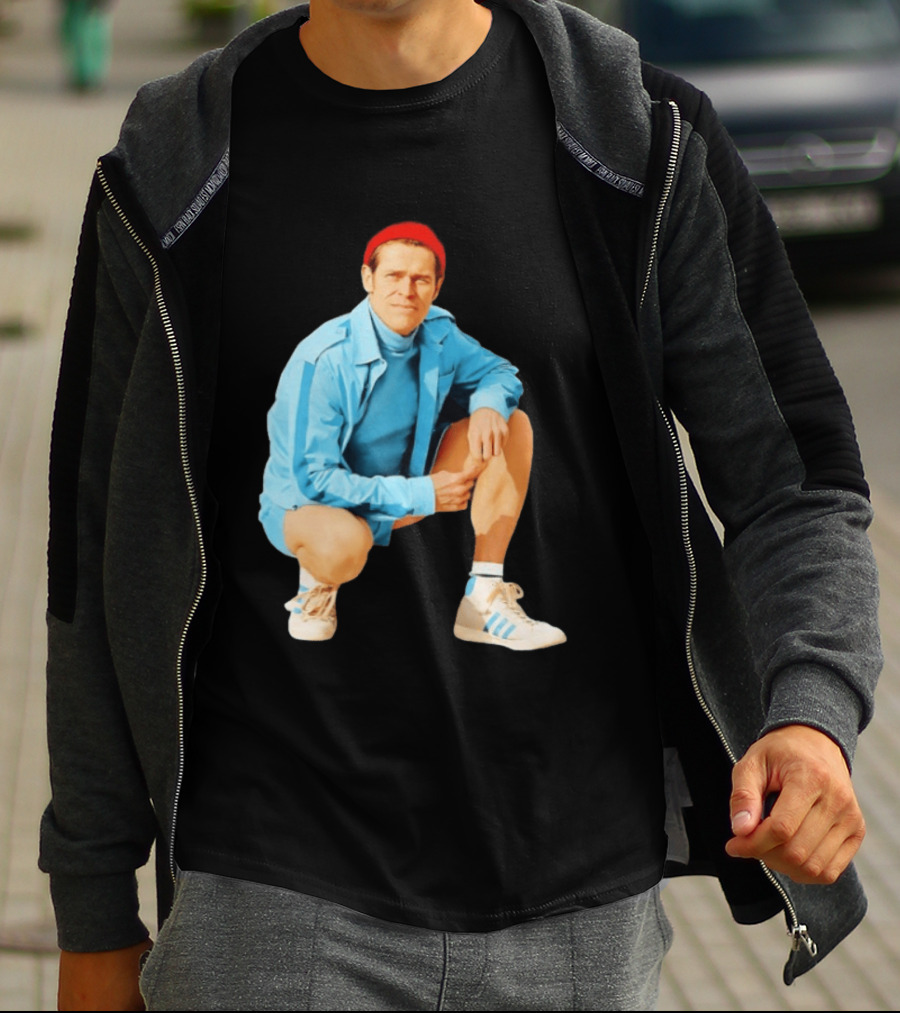 Klaus Willem Dafoe Retro Style With Red Beanie And Blue Tracksuit T-Shirt