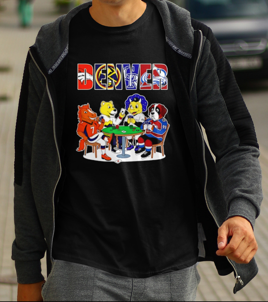 Denver Broncos Nuggets Rockies Avalanche Mascots Playing Poker T-Shirt