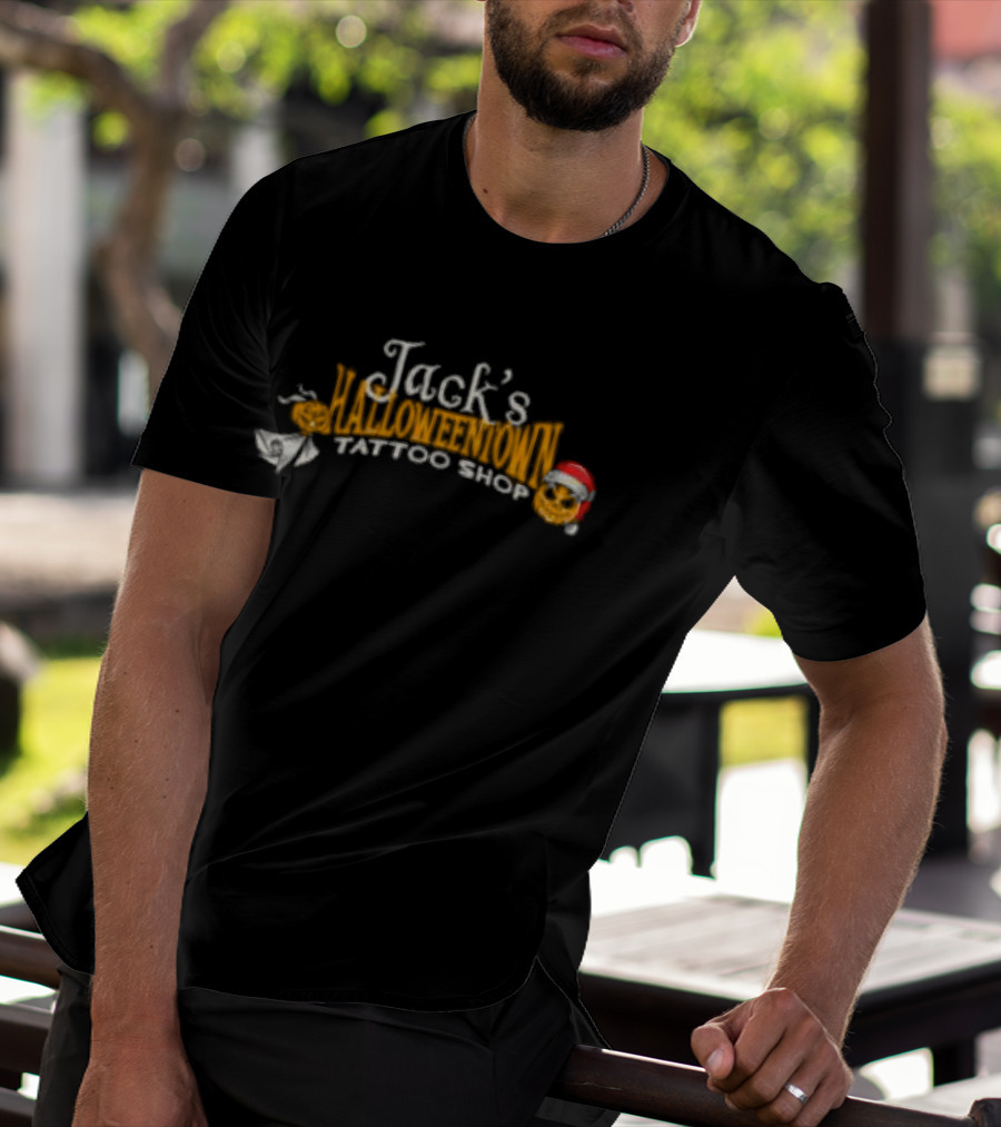 Lostbrostradingco Jack's Halloweentown Tattoo Shop Christmas Santa Hat T-Shirt