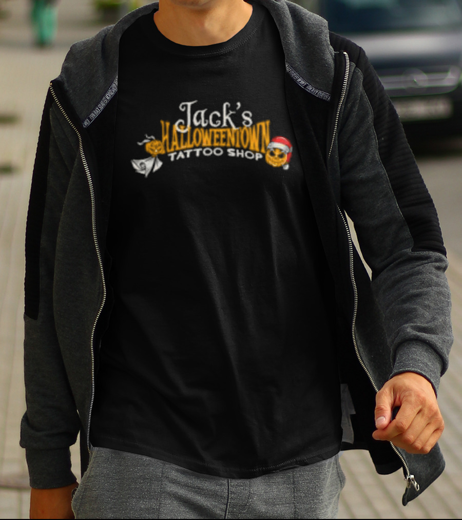 Lostbrostradingco Jack's Halloweentown Tattoo Shop Christmas Santa Hat T-Shirt