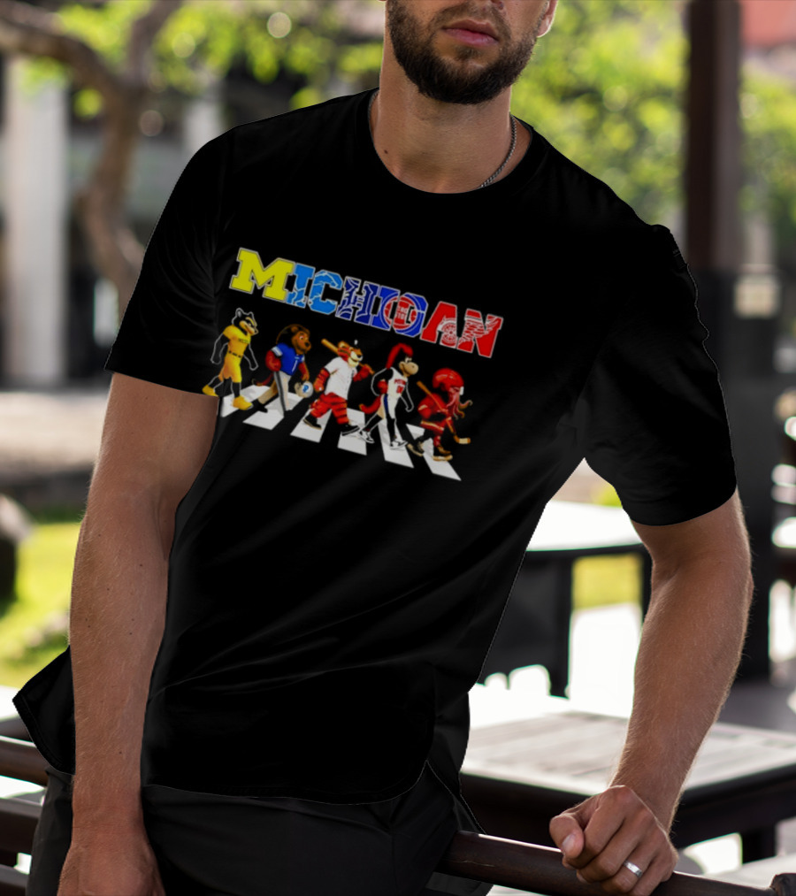 Michigan Sports Mascots Abbey Road Detroit Lions Pistons Tigers Red Wings Wolverine T-Shirt