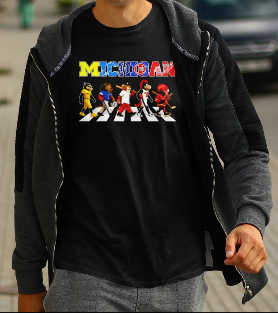 Michigan Sports Mascots Abbey Road Detroit Lions Pistons Tigers Red Wings Wolverine T-Shirt