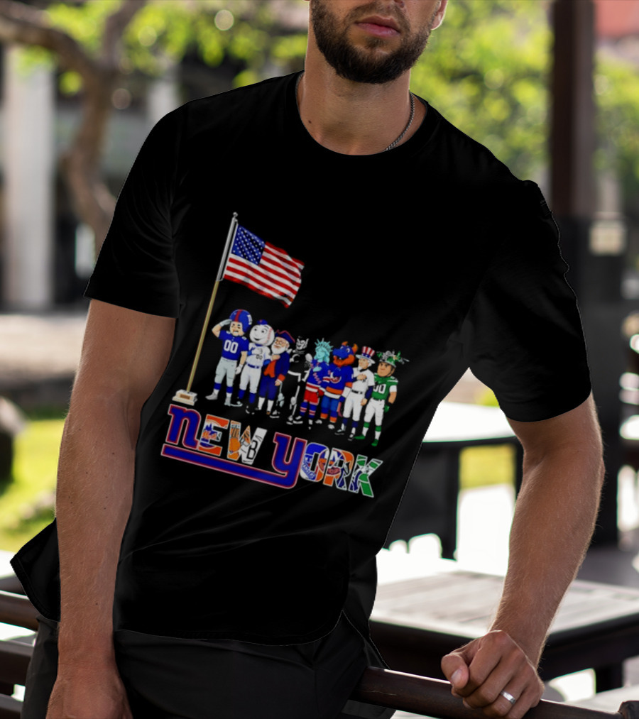 New York Sports Teams Mascots American Flag Giants Yankees Mets Rangers Knicks Jets T-Shirt