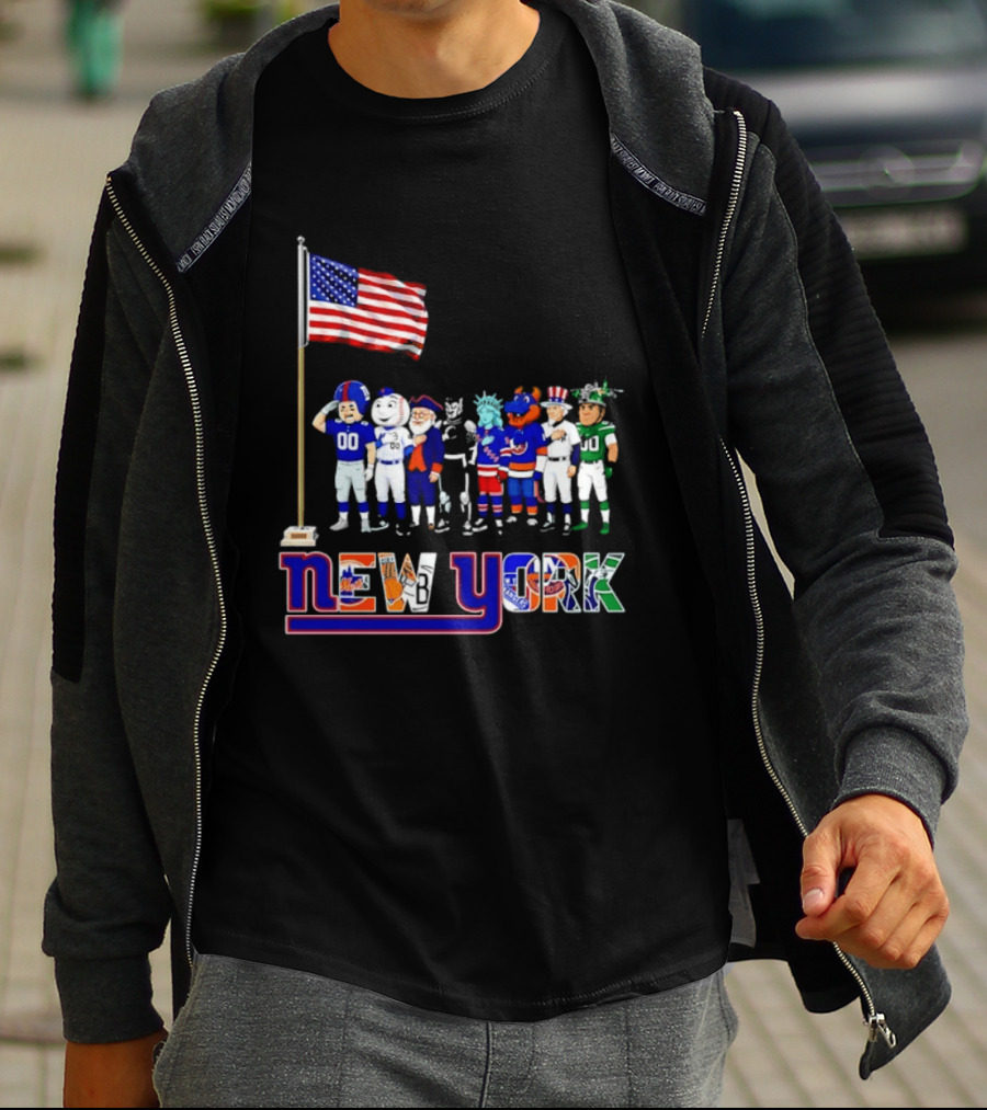 New York Sports Teams Mascots American Flag Giants Yankees Mets Rangers Knicks Jets T-Shirt