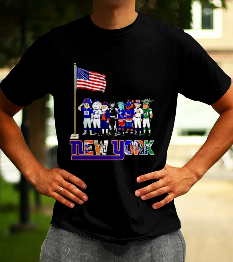 New York Sports Teams Mascots American Flag Giants Yankees Mets Rangers Knicks Jets T-Shirt