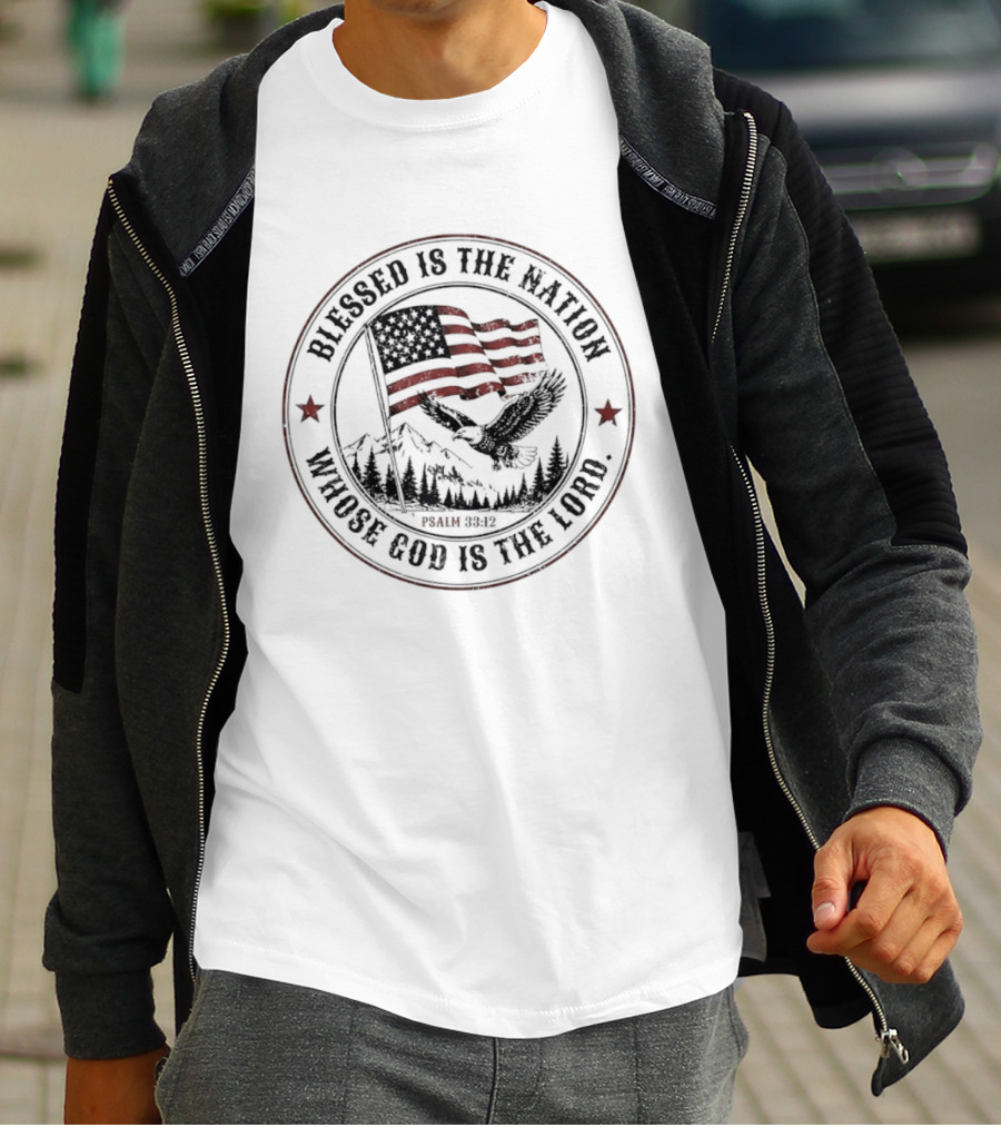 Blessed Is The Nation Whose God Is The Lord Psalm 33 12 American Flag Eagle Mountains T-Shirt