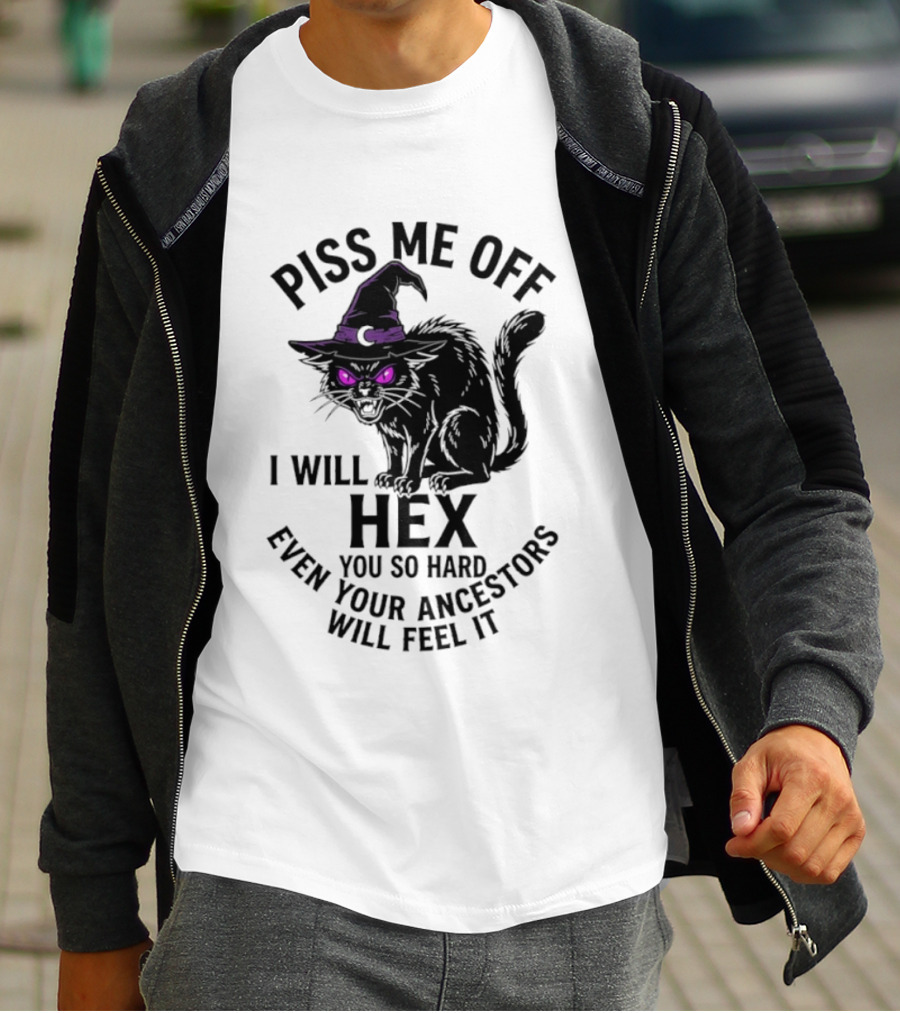 Piss Me Off I Will Hex You So Hard Even Your Ancestors Will Feel It Black Cat Purple Eyes Witch Hat T-Shirt