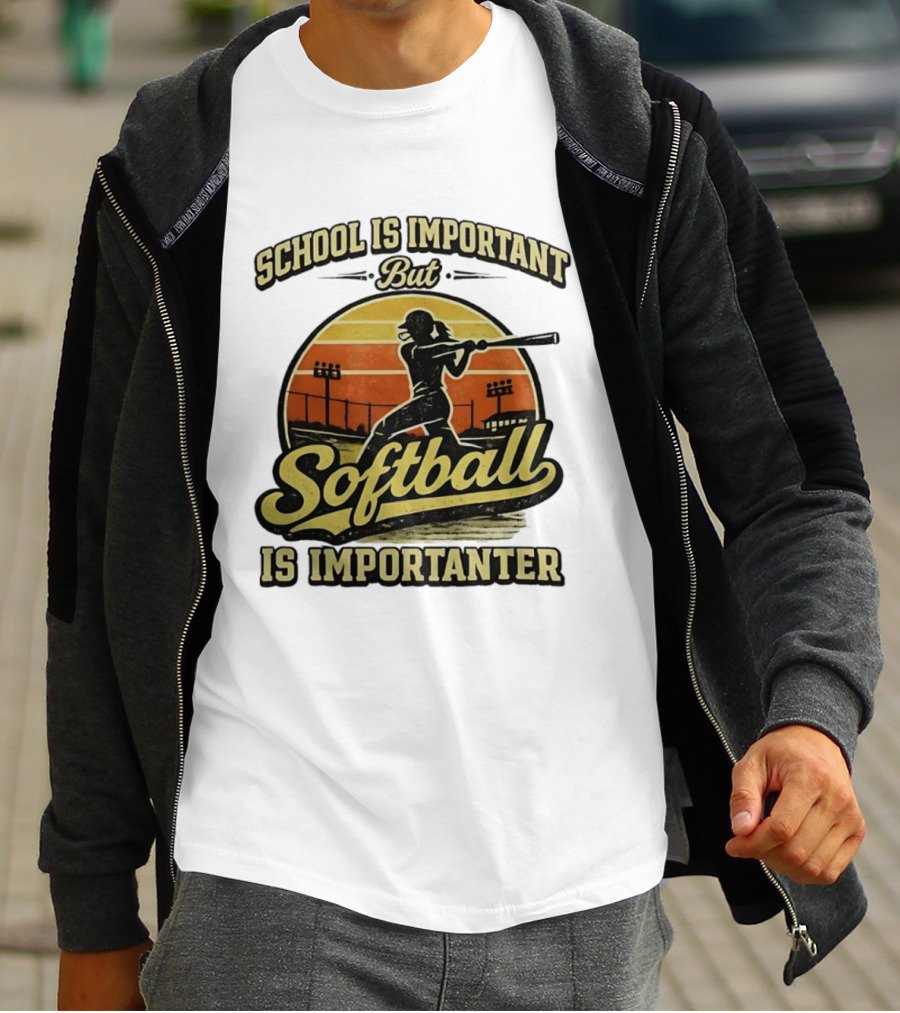 School Is Important But Softball Is Importanter Retro Silhouette Batter T-Shirt