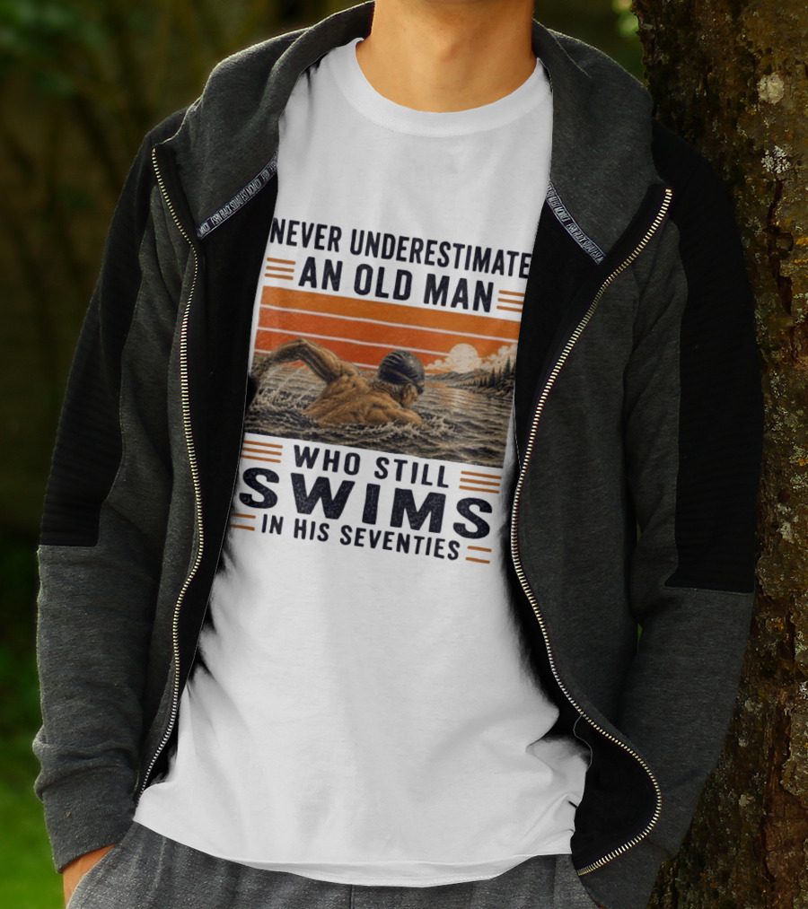 Never Underestimate An Old Man Who Still Swims In His Seventies Vintage Sunset T-Shirt
