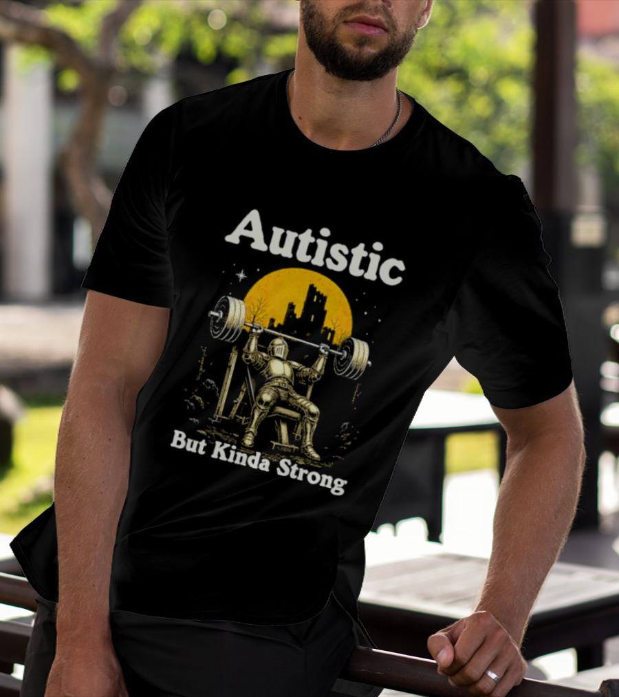 Autistic But Kinda Strong Knight Lifting Weights Autism Awareness Moon T-Shirt