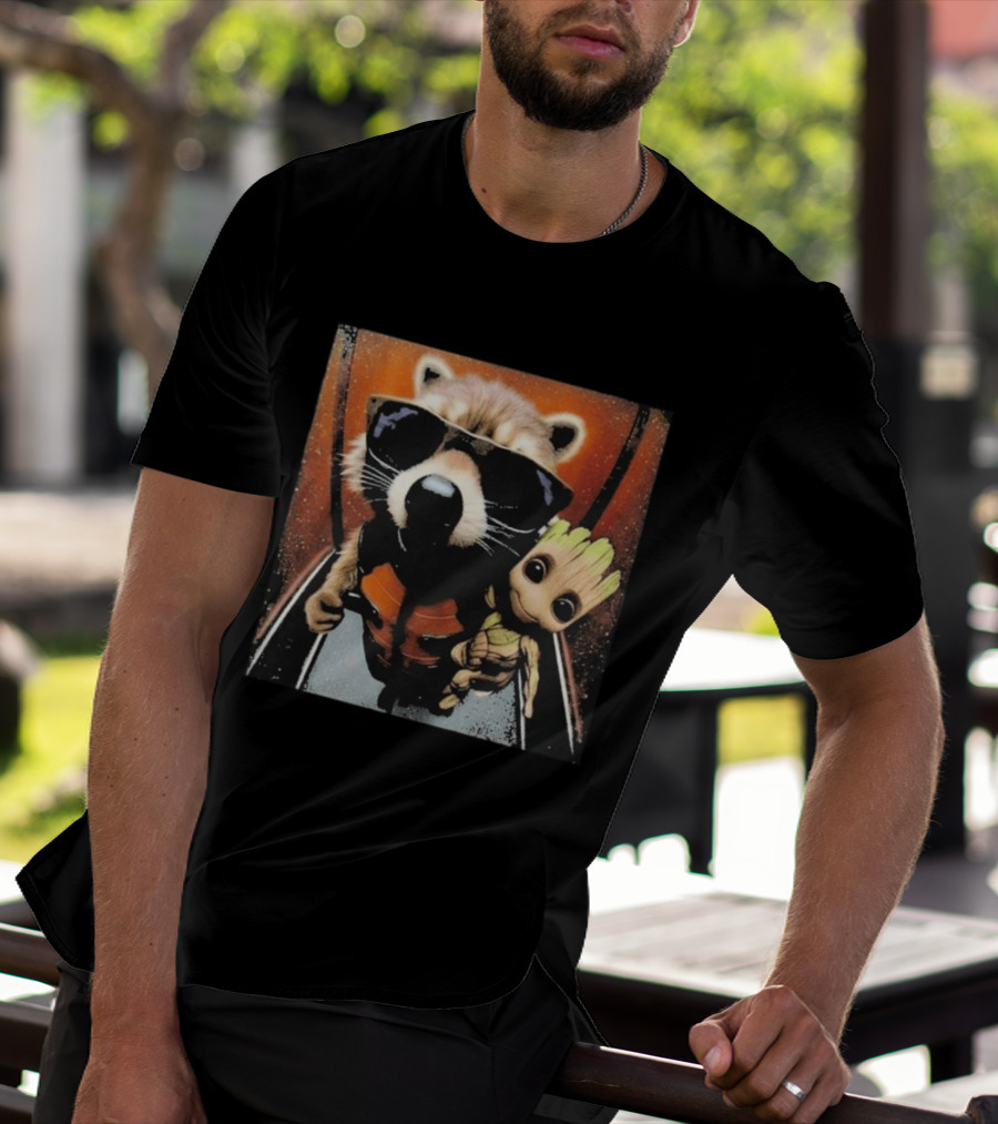 John Bates Raccoon And Baby Tree Alien With Sunglasses And Orange Suit T-Shirt