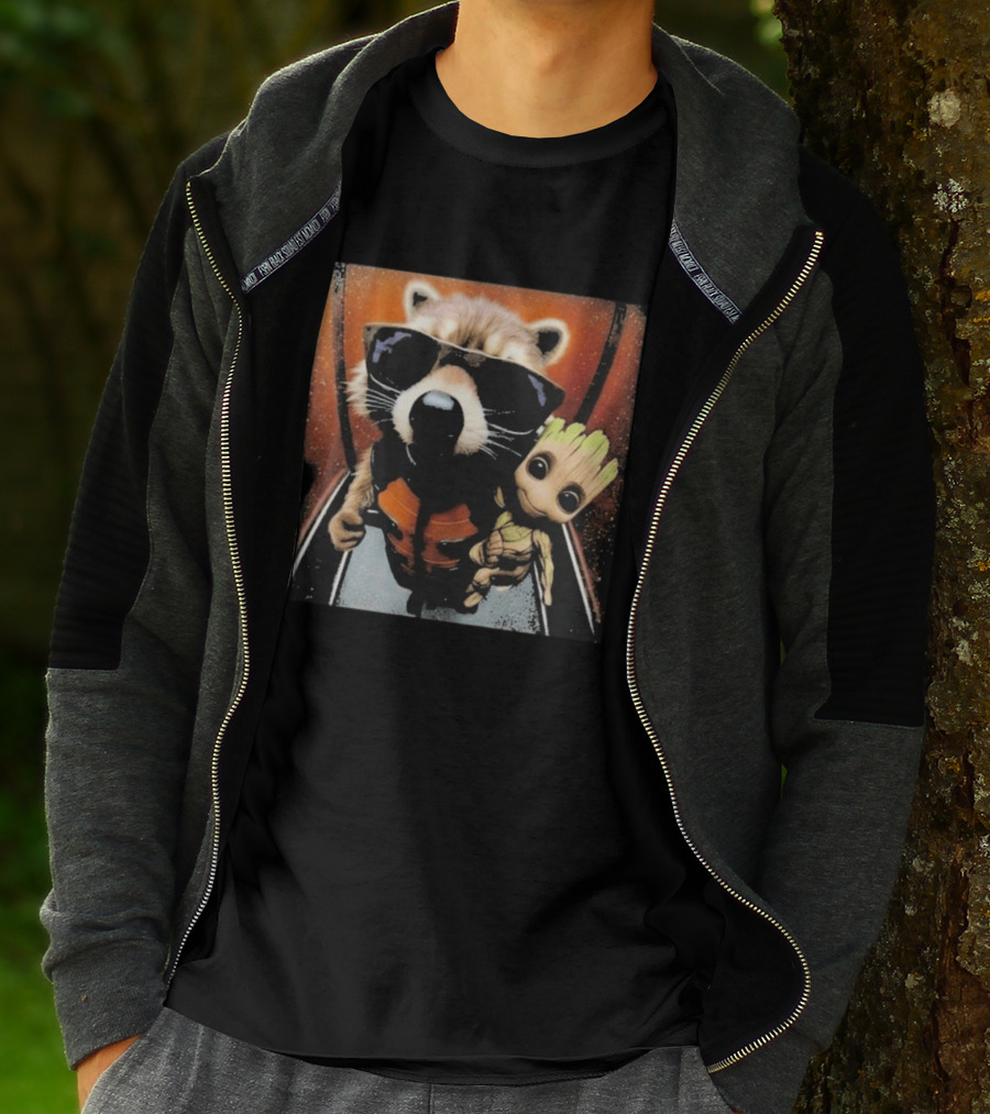 John Bates Raccoon And Baby Tree Alien With Sunglasses And Orange Suit T-Shirt