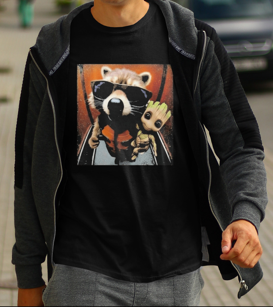 John Bates Raccoon And Baby Tree Alien With Sunglasses And Orange Suit T-Shirt