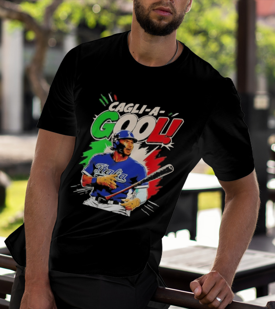 Cagli A Gool Italia Baseball Player Hitter With Italian Flag T-Shirt