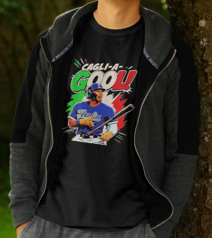 Cagli A Gool Italia Baseball Player Hitter With Italian Flag T-Shirt