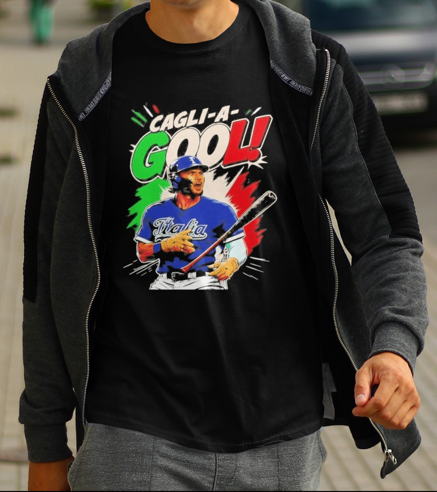 Cagli A Gool Italia Baseball Player Hitter With Italian Flag T-Shirt