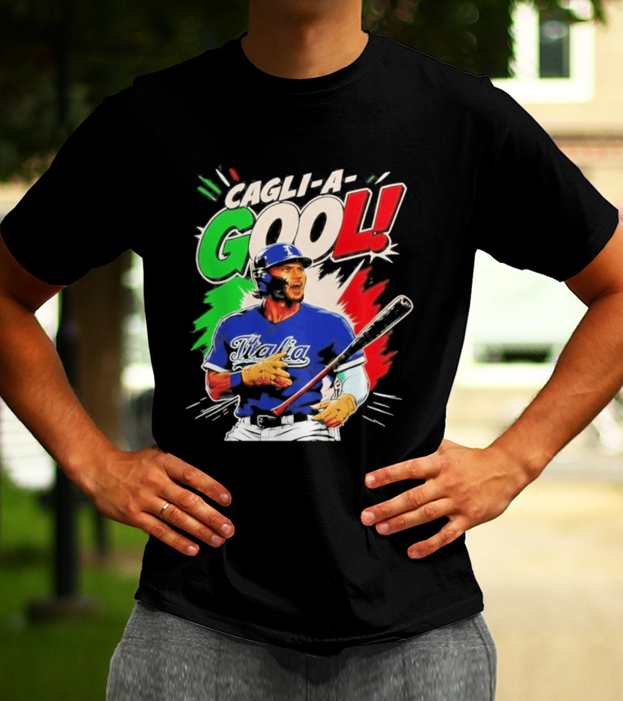 Cagli A Gool Italia Baseball Player Hitter With Italian Flag T-Shirt