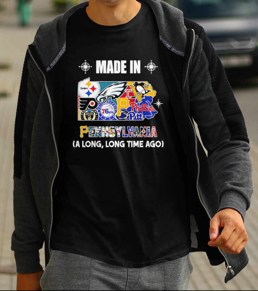 Made In Pennsylvania Sports Teams Map Steelers Eagles Flyers Phillies 76ers Penguins Panthers Long Long Time Ago T-Shirt