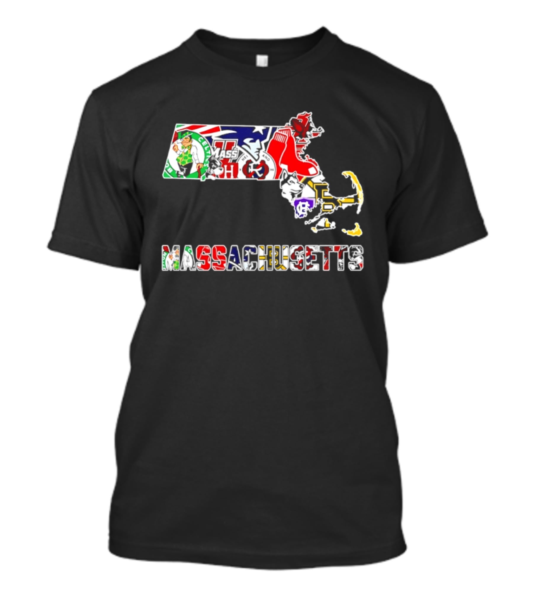 Massachusetts Sports Teams Collage Map Celtics Patriots Red Sox Bruins Revolution T-Shirt