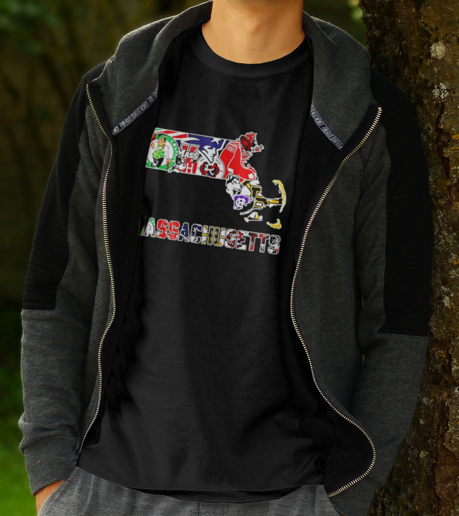 Massachusetts Sports Teams Collage Map Celtics Patriots Red Sox Bruins Revolution T-Shirt