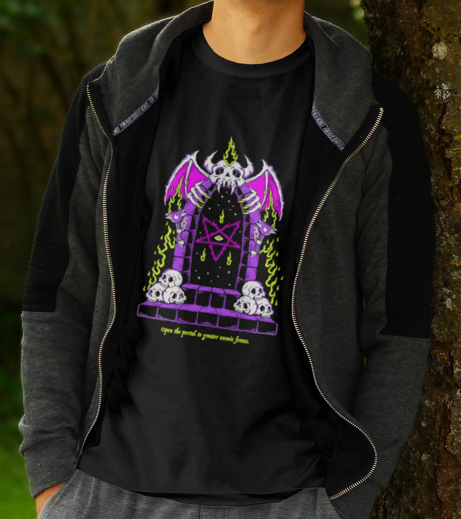 Open The Portal To Greater Cosmic Forces Pentagram Skull With Bat Wings And All Seeing Eye T-Shirt