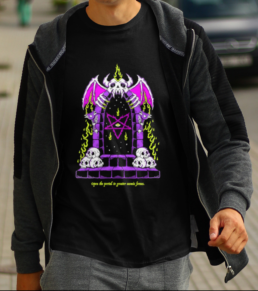 Open The Portal To Greater Cosmic Forces Pentagram Skull With Bat Wings And All Seeing Eye T-Shirt