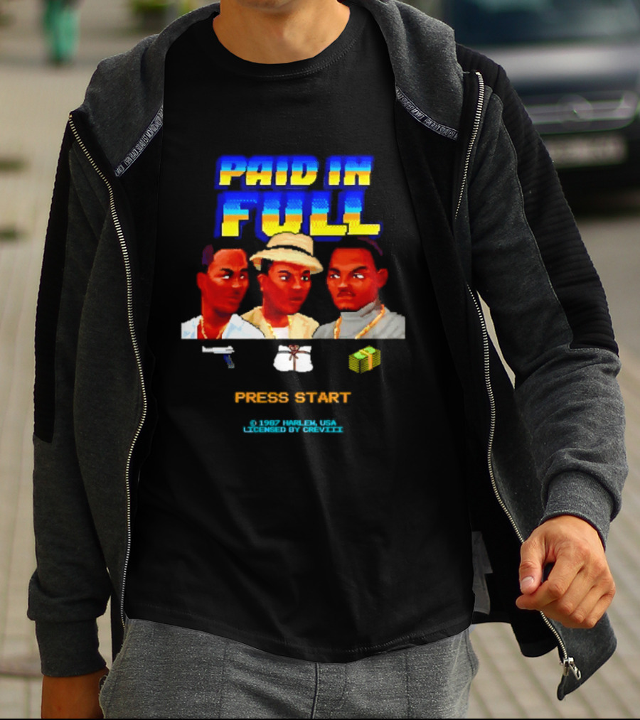 Paid In Full Press Start 1987 Harlem USA Three Figures With Hat Necklace And Gun T-Shirt