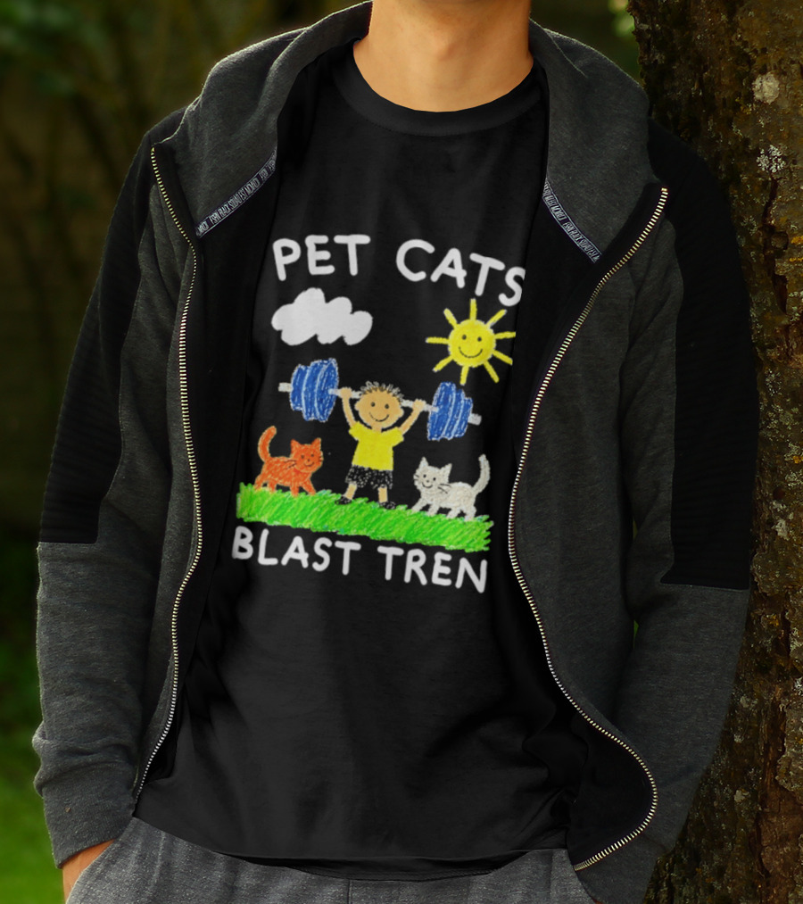 Pet Cats Blast Tren Bodybuilding Gym Child With Weights Sun And Clouds T-Shirt