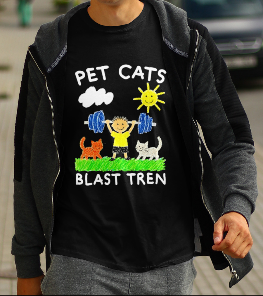 Pet Cats Blast Tren Bodybuilding Gym Child With Weights Sun And Clouds T-Shirt