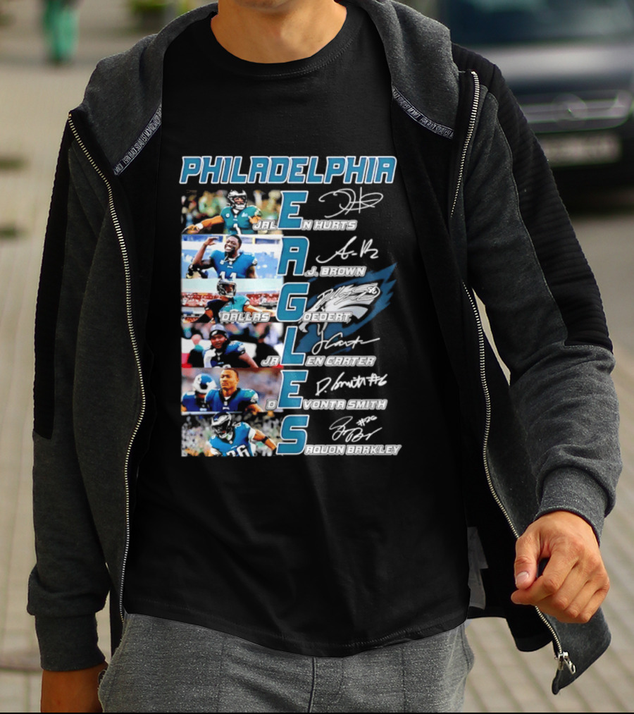 Philadelphia Eagles Jalen Hurts AJ Brown Dallas Goedert Jalen Carter DeVonta Smith Saquon Barkley Signatures Team T-Shirt