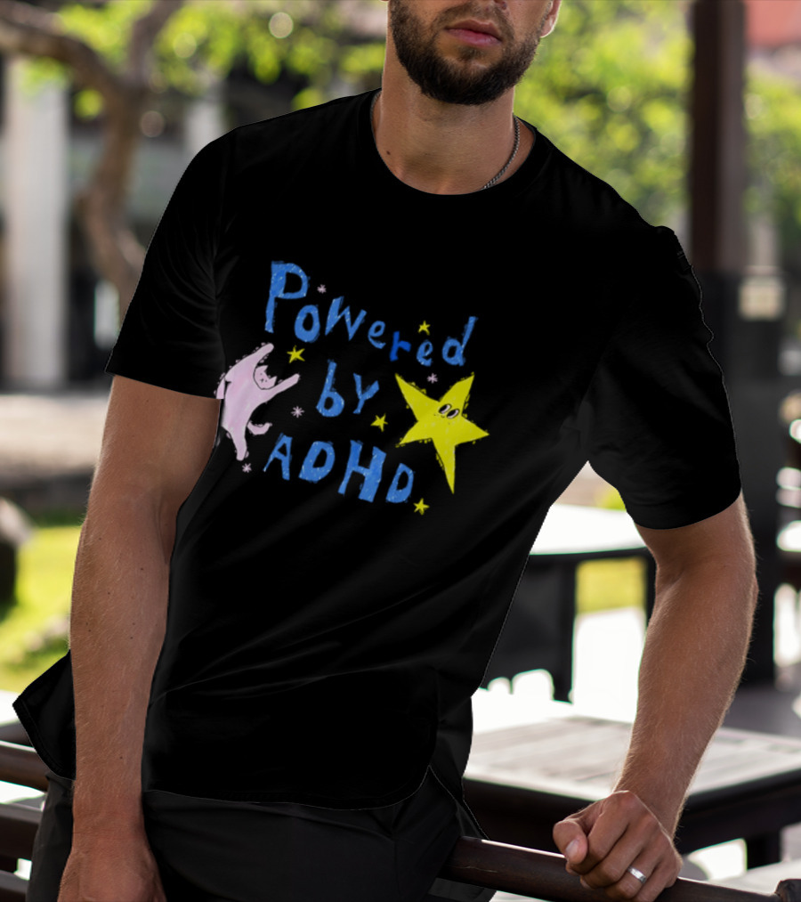 Powered By ADHD Neurodivergent Star And Cat With Yellow Stars T-Shirt