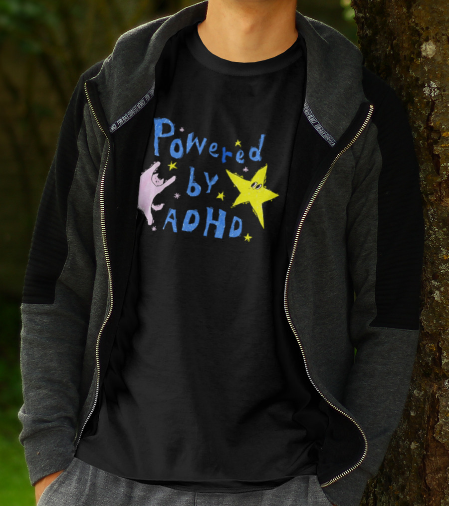 Powered By ADHD Neurodivergent Star And Cat With Yellow Stars T-Shirt