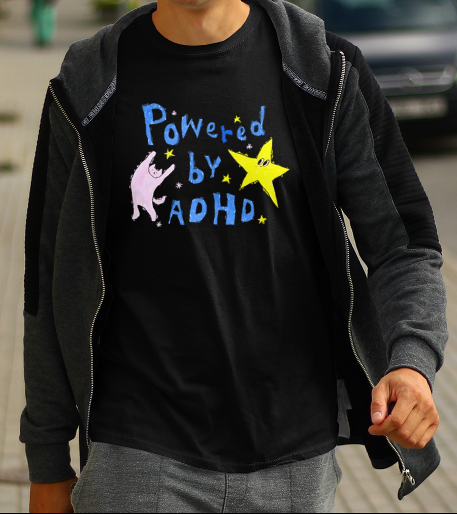 Powered By ADHD Neurodivergent Star And Cat With Yellow Stars T-Shirt