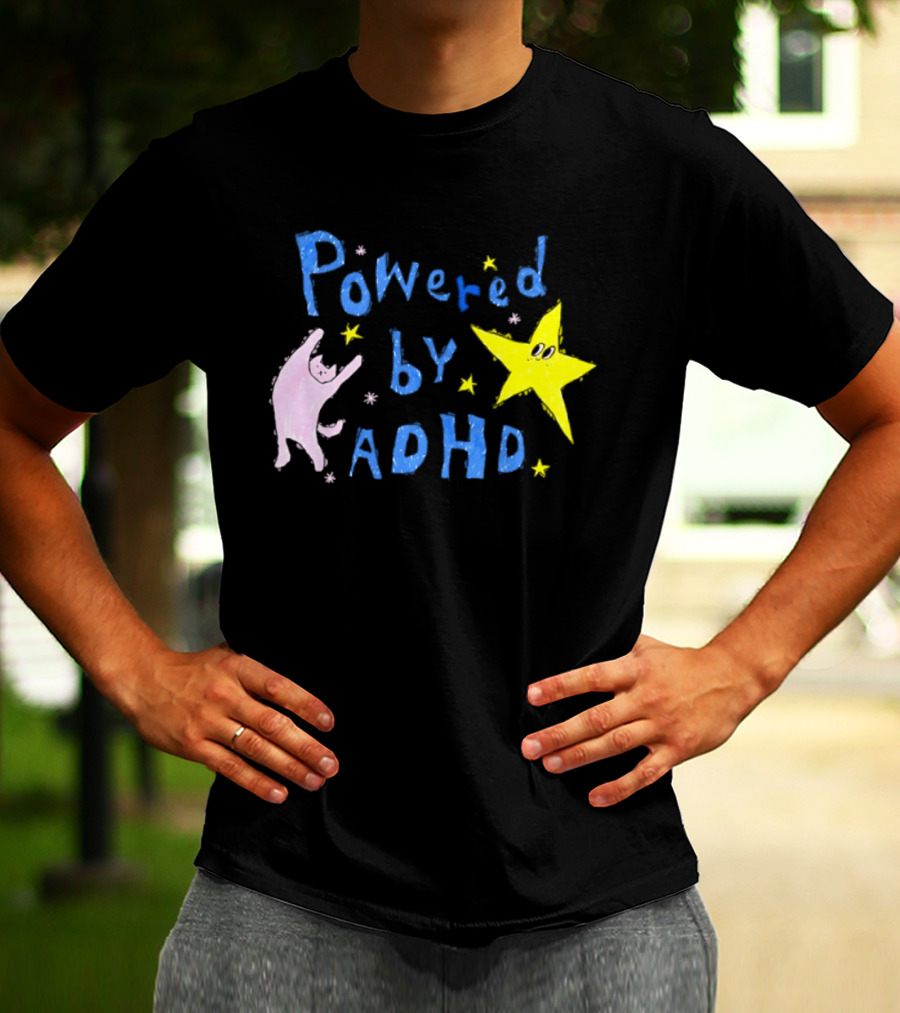 Powered By ADHD Neurodivergent Star And Cat With Yellow Stars T-Shirt