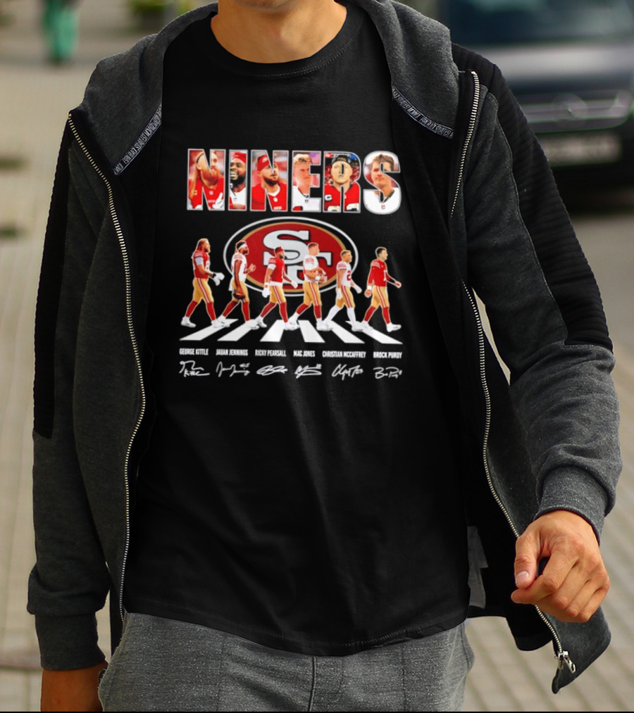 San Francisco 49ers George Kittle Jauan Jennings Ricky Pearsall Mac Jones Christian McCaffrey NINERS Walk NFL Legends Signatures T-Shirt